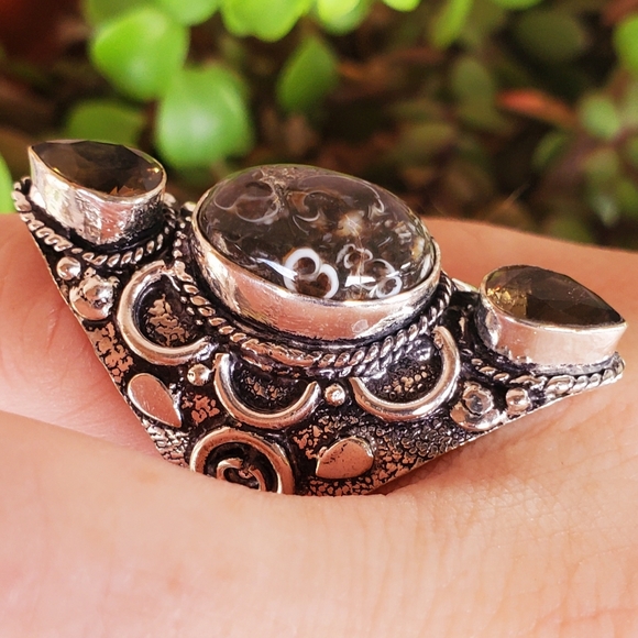 New Turtella Agate Fossil and Smoky Quartz 925 Silver Statement Ring. - Picture 14 of 16